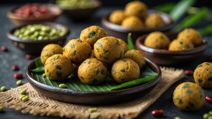 Golden deep-fried treat filled with mung beans, selective focus shot