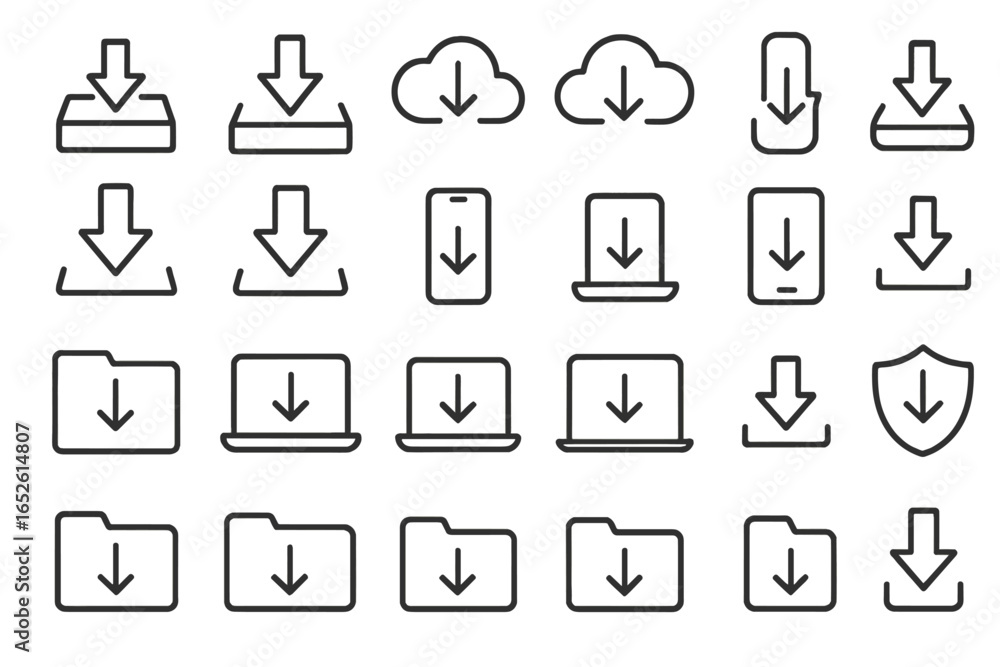 Poster download line icon set. downloading file, data storage and cloud computing symbols. arrow down, fold