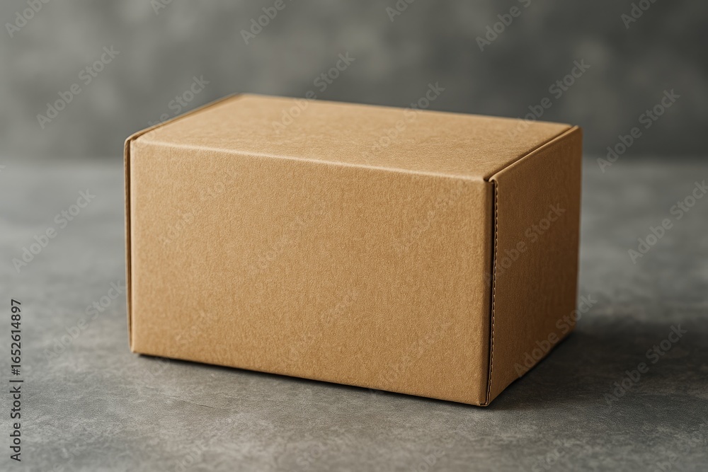 Poster close-up of a taped cardboard package placed on a stone table with a grey background