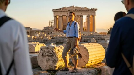 A friendly female tour guide explains the history of the acropolis and parthenon to a group of tourists during a beautiful sunset in athens greece