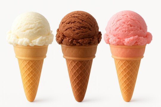 Variety of ice cream scoops in a cone featuring vanilla and chocolate flavors against a white background