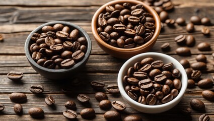 Fototapeta premium Coffee beans served in bowls on a rustic wooden table