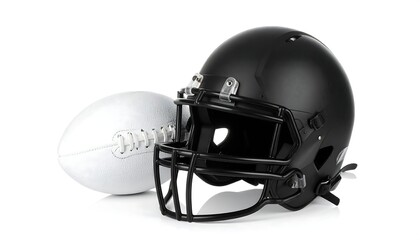 Fototapeta premium Close-up of a Black Football Helmet and White Ball Against a White Background