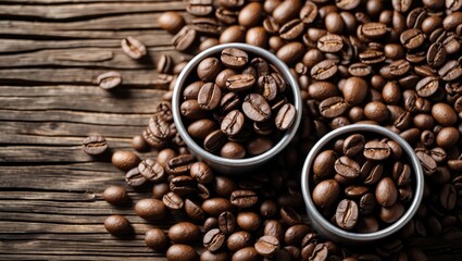 Containers filled with coffee beans set on a wood grain surface