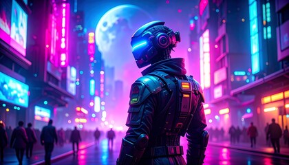 Fototapeta premium Futuristic city at night with a figure in a sleek suit