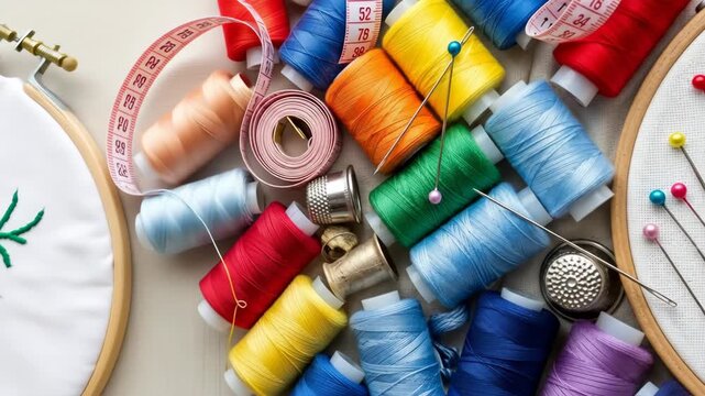 A colorful collection of sewing and embroidery supplies including spools of thread needles and a measuring tape are arranged for a fun craft project