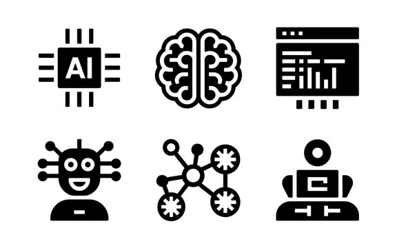 Photo of collection of artificial intelligence icons representing ai, brain, code, robot, network, automation, machine learning isolated on white background