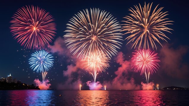 Colorful Fireworks Against a Blank Canvas for New Year Festivities, Abstract Holiday Scene