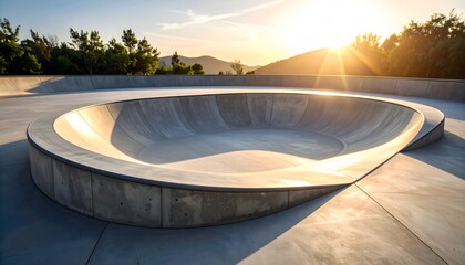 Fototapeta premium Empty Concrete Skatepark Bowl at Sunset with Mountain View
