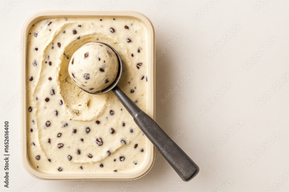 Poster top-down view of chocolate chip cookie dough ice cream, showing a spoon removing some from the packa