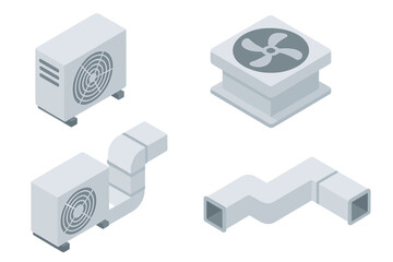 Rooftop HVAC Icon Set of 4, Isometric Flat Vector Illustration of Air Conditioning Units, Ventilation Fans, and Ductwork for Building Climate Control Systems