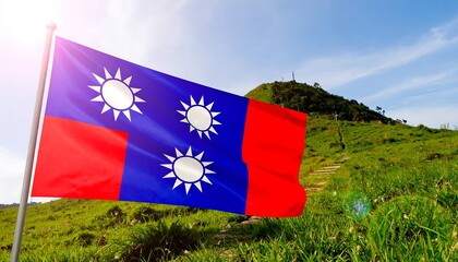 Flag of Taiwan waving over a grassy hill