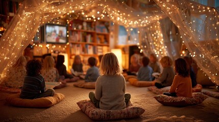People meditating in peaceful group session under warm fairy lights in cozy studio with bookshelves. Perfect for wellness, mindfulness, and spiritual themes.