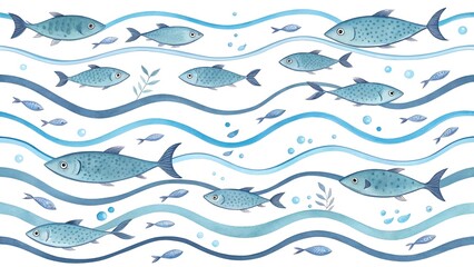 Seamless Pattern with Shoal of Fishes on isolated background. Hand drawn watercolor illustration with wavy line. Sea Border for banner or ornament in blue colors. Undersea drawing for backdrop.