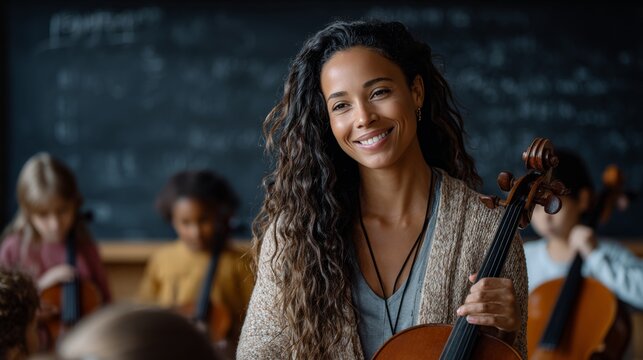 A joyful music teacher with curly hair holds a violin, teaching a group of young students in a classroom with a chalkboard background. Perfect for education and music themes.
