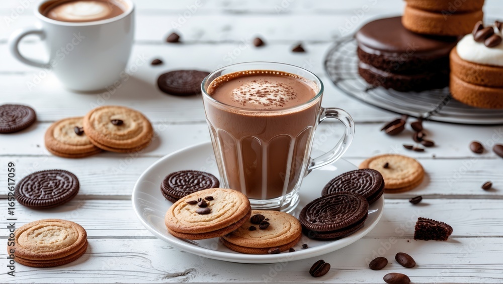 Poster delicious assortment of cocoa-based desserts with cookies and cakes on a rustic white table