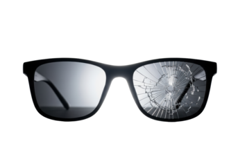 Sleek, modern sunglasses, minimalist frame, one lens with intricate crack and fractured glass pattern. Isolated on transparent with dramatic rim lighting. Concept of damage and fragility