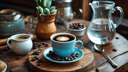 Black coffee with milk served on a wooden surface alongside a jug
