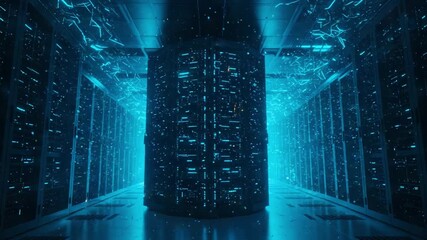 Immersive Cyber Environment Showcasing Advanced Data Storage Technology with Enhanced Light Effects and a Futuristic Aesthetic in a Dimly Lit Server Room - Powered by Adobe