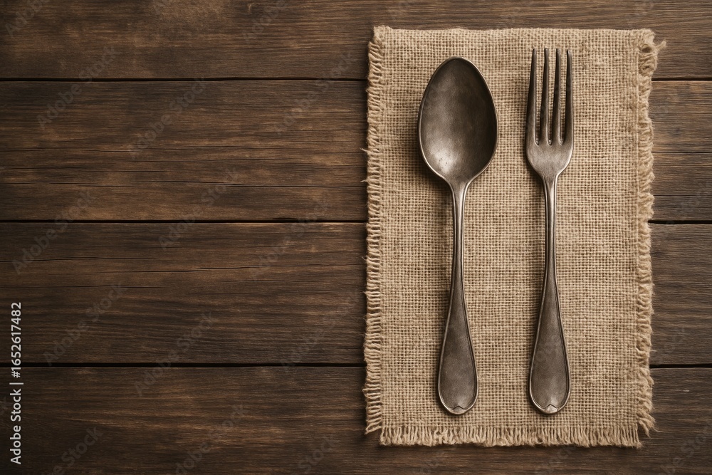 Poster old-fashioned spoon and fork placed on weathered fabric atop a wooden table, overhead view with spac