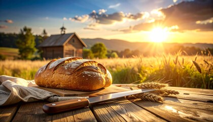 Freshly baked rustic bread on a wooden table with a knife, bathed in the golden light of a sunset over a wheat field and a traditional barn