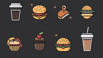 Colorful Icons of Delicious Food Items and Beverages for Design