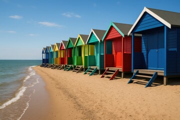 Brightly painted beach shelters by the ocean