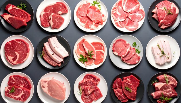 Overhead Shot of Assorted Raw Meats on Plates - Powered by Adobe