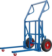 Blue metal industrial trolley with dual wheels and fork supports ready to isolate cart hand truck cargo transparent background