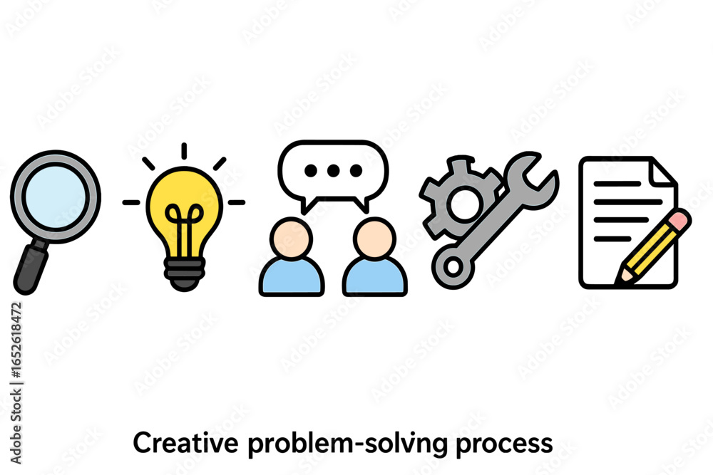 Poster creative problem-solving process infographic with icons. business workflow concept for project manag