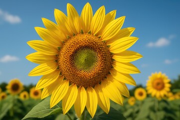 Fototapeta premium Close-up of a sunflower against a blue sky backdrop