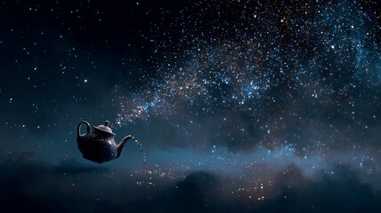 Teapot pouring stars into a cosmic night sky