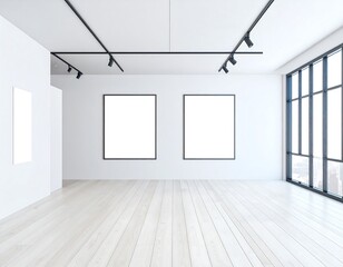 Fototapeta premium Bright gallery space with blank frames offering artistic display possibilities