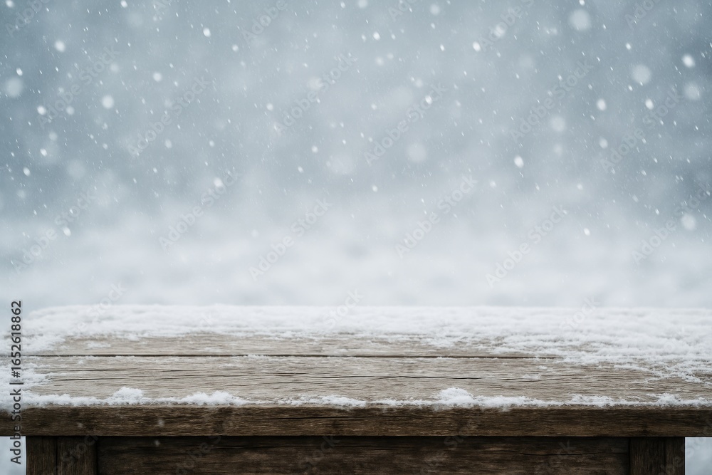 Poster a frosty setting showcasing a weathered table blanketed with snow