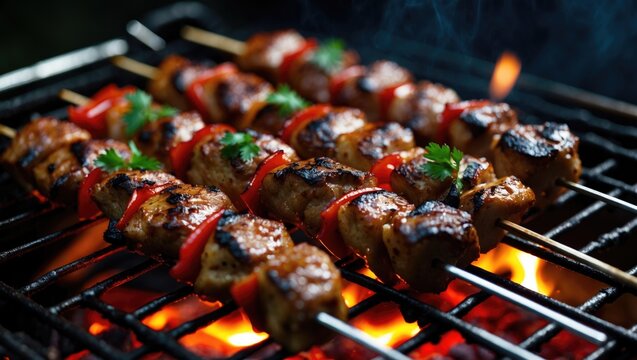 Close-up shot of perfectly cooked kebabs on a grill during nighttime