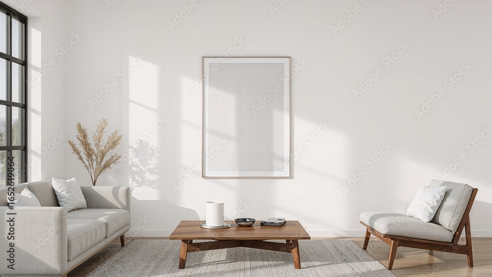 Poster create a modern 3d render of a poster frame in a minimalist nordic-style living room.
