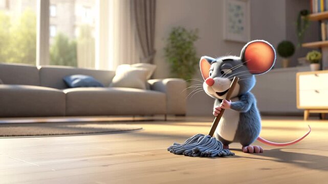 cute cartoon mouse mopping the floor in a modern apartment