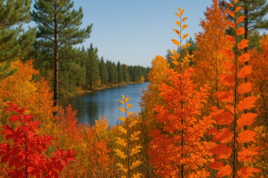 Vivid fall leaves on tree limbs with a tranquil lake and pine trees behind them