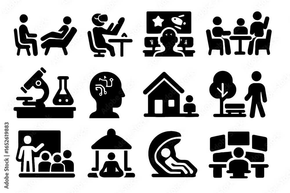 Poster setting icon emotion ai user room relaxation simulator laboratory lounge social vector