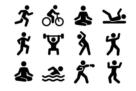 Icons meditation yoga weightlifting cycling icon fitness workout vector running stretching virtual