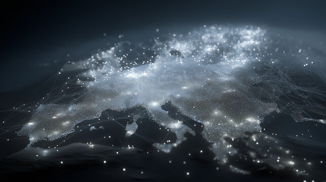 Futuristic Europe Map with Chrome Wireframe and Pulsing Data Orbs