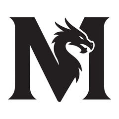 A cute black and white alphabet letter M vector illustration with a Dragon silhouette design