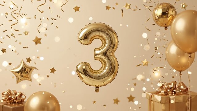 Opulent golden balloons surrounded by sparkling confetti, wrapped gifts, a mirror disco ball, and stars on a beige surface with luminous bokeh and spark effects. Sophisticated three-card layout,