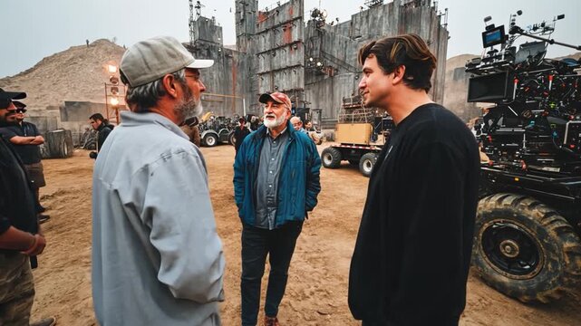 Film director giving instructions to actors and crew on a massive outdoor movie set with cameras and lights.