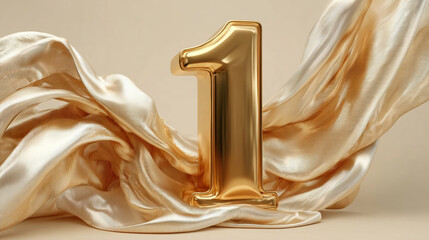  Luxurious Golden Number One Encased in Flowing Silky Fabric with a Rich Cream Background