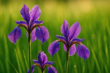 Close-up of dew-kissed purple irises blooming in the early morning light © AkuAku