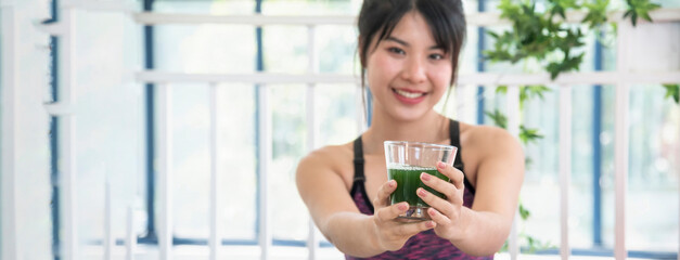 Banner Women hands holding cocktail smoothie detox green juice fresh fruit cool drinking glass....