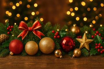 Season's greetings decor arranged on a wooden tabletop with a softly focused festive background.