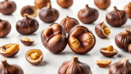 Obraz premium Close-up of warm roasted chestnuts against a white background