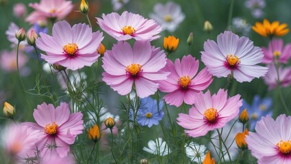 Fototapeta premium Vibrant Cosmos Blooms Amidst Mountain Ranges